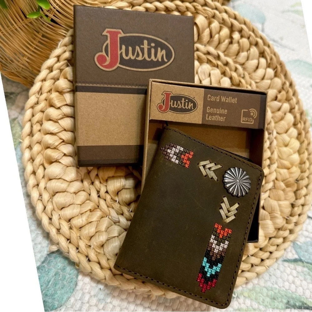 New Justin Boots Genuine Leather Card Wallet Tribal Western Colorful Embroidery